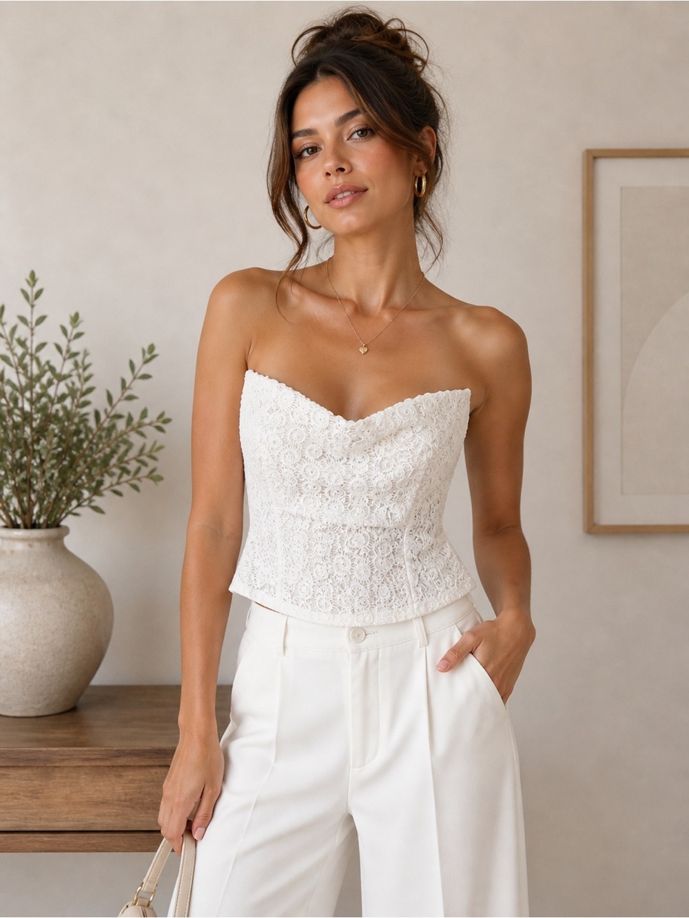 VILA White Lacetie corsage Strapless corset Top